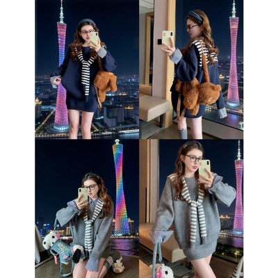 韩国东大门新品WESTAYONE春季学院风长袖卫衣连衣裙休闲假两件