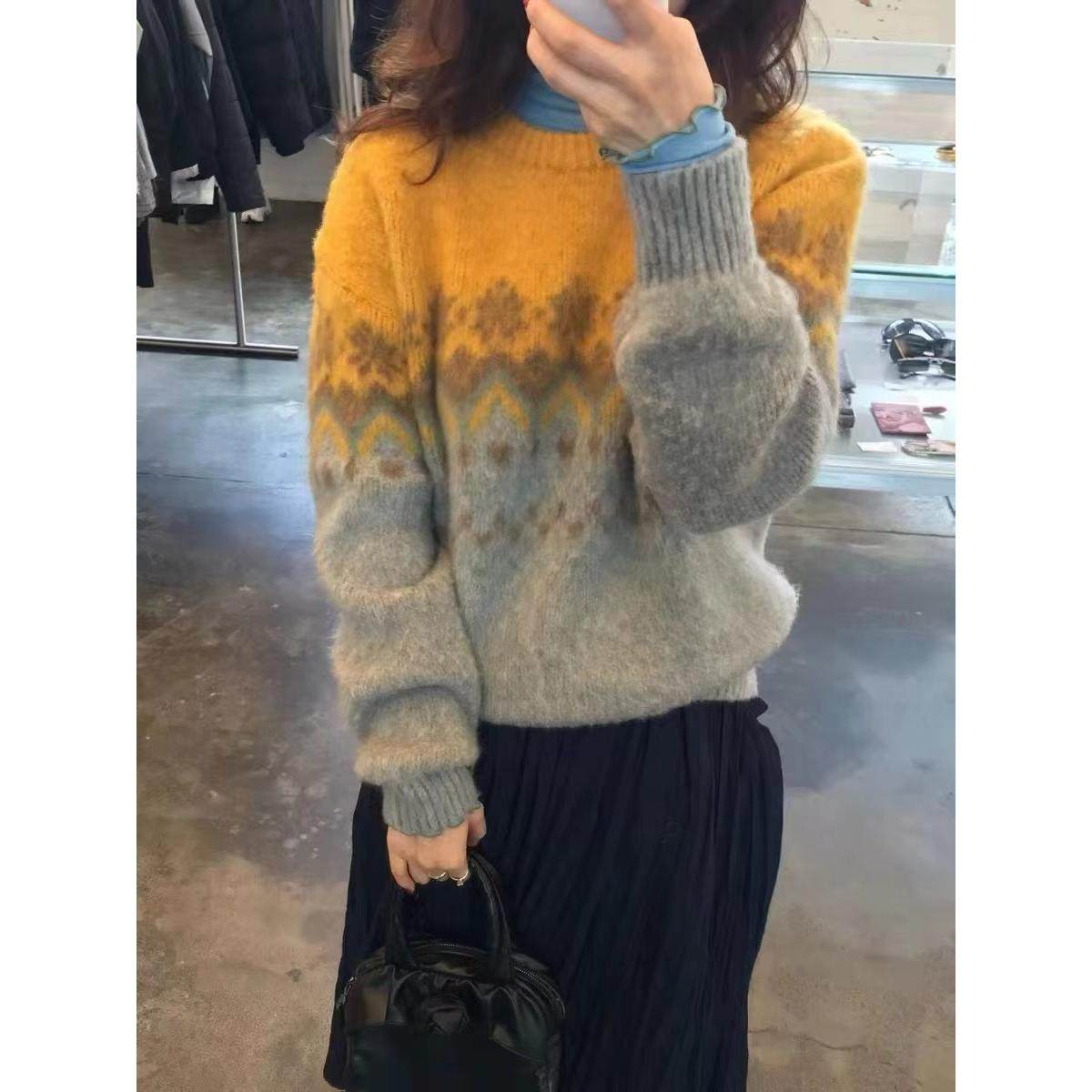 2025秋季新款韩国东大门sie*ne复古提花毛衣撞色雪花圆领针织衫女