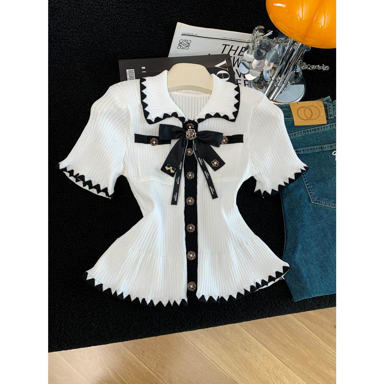 小香风夏季淑女针织短袖开衫上衣翻领间色花边领口钻石纽扣蝴蝶结