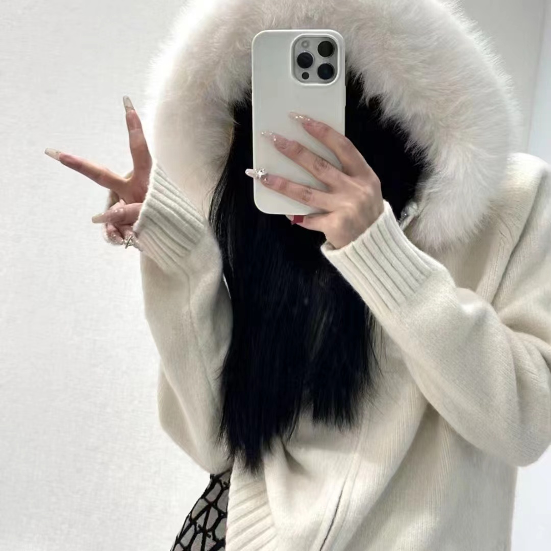 美拉德毛领连帽毛衣外套女款秋冬韩系慵懒风气质小个子针织衫上衣