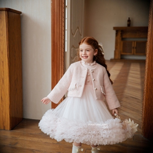 女童小香风呢子大衣粉色短款洋气优雅公主风百搭纯色夹棉加厚外套