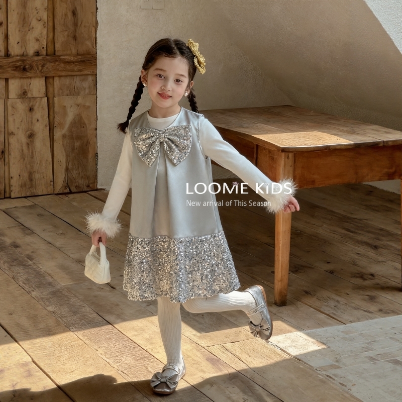 女童连衣裙夏季新款洋气中大童亮片蝴蝶结纯色甜美公主背心裙子