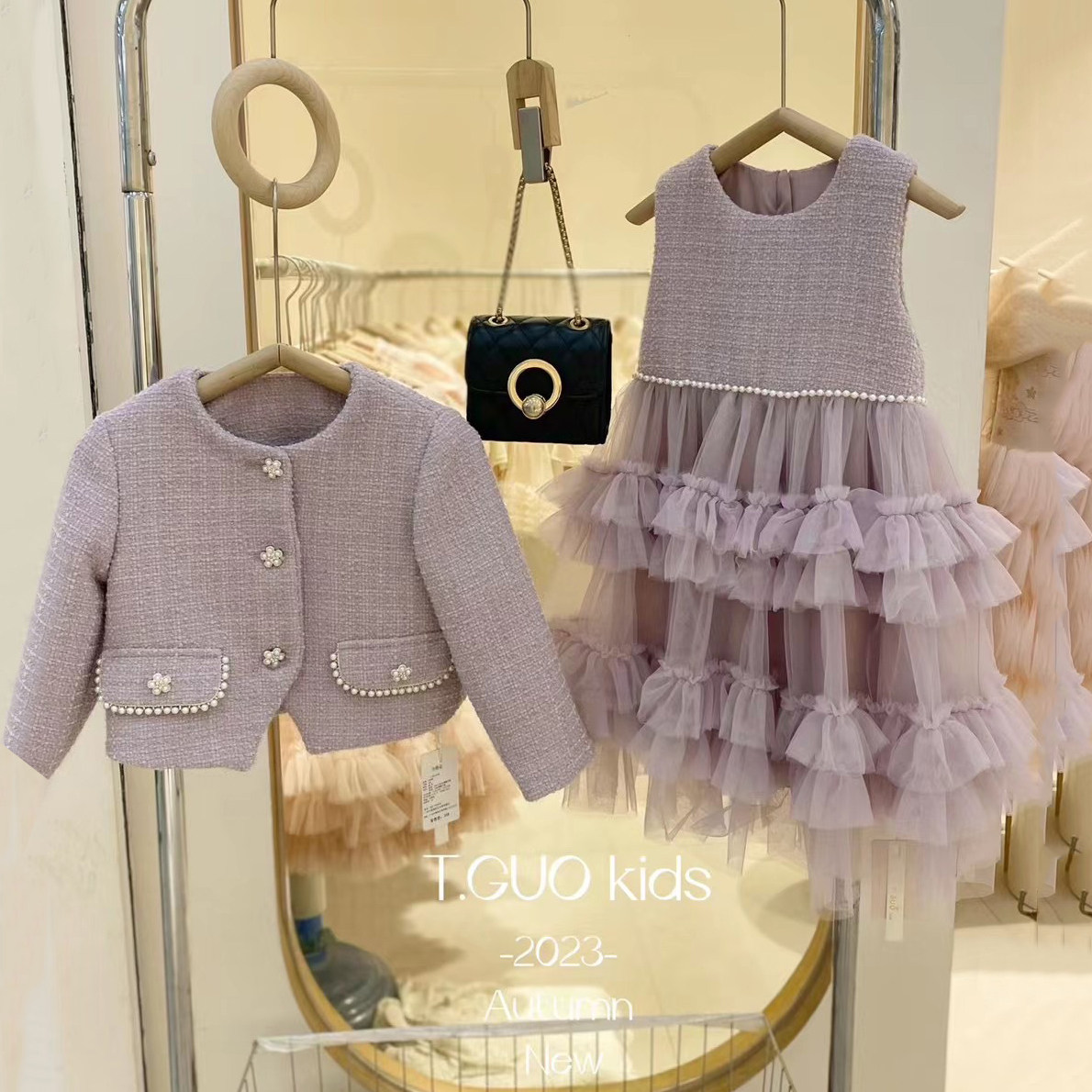 女童小香风高档套装2025秋装新款韩版短款百搭外套公主网纱背心裙