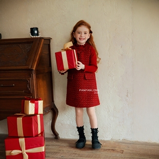 红色毛呢连衣裙25秋冬新款 拜年服新年公主裙A字裙 女童圣诞节长袖