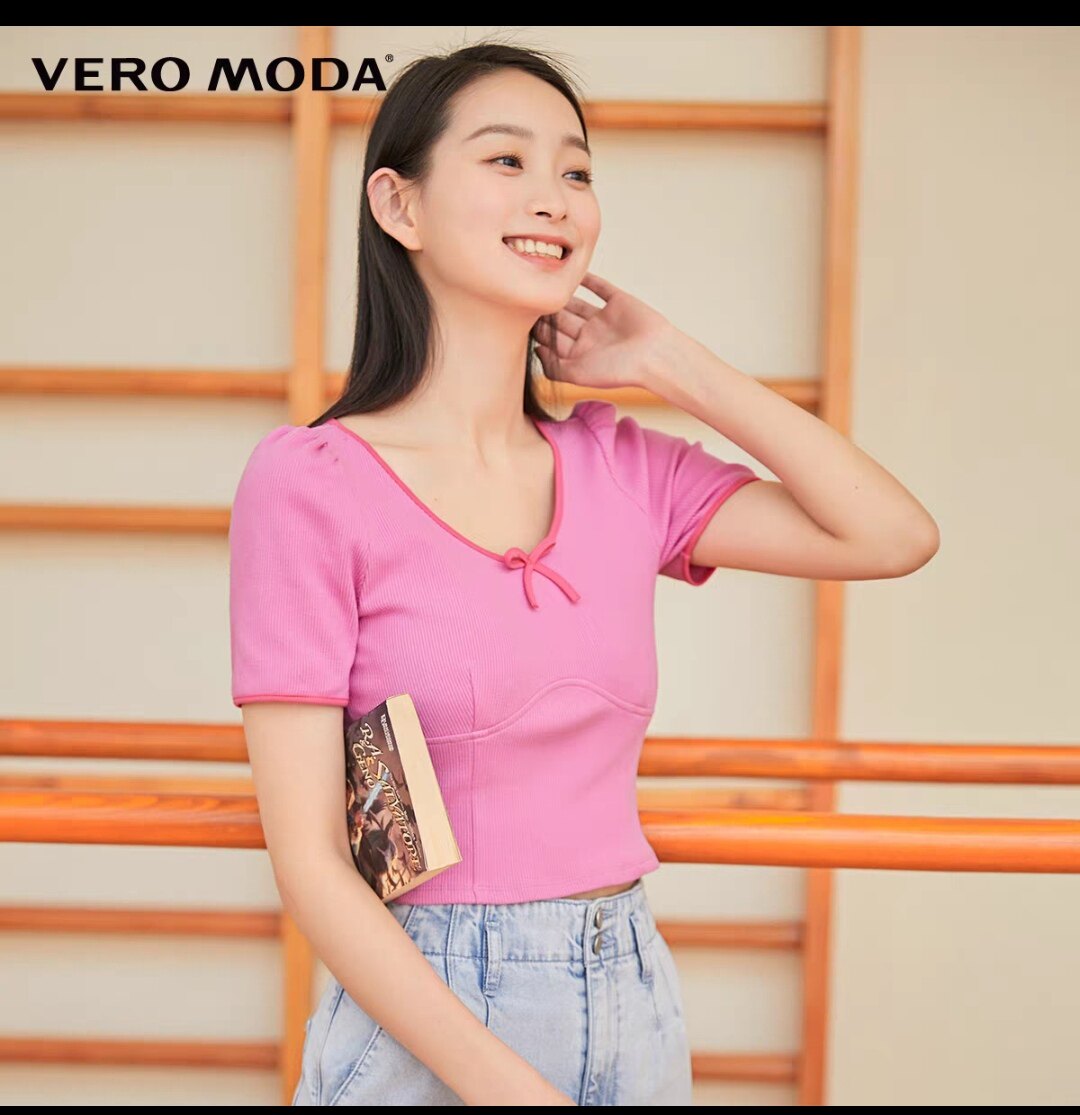 vero moda春夏款女团风蝴蝶结修身短款t恤女玫粉色