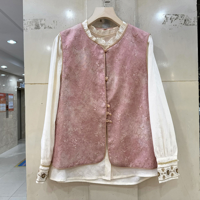 紫悦风情YY5605 木耳边立领国风衬衣+马甲外套时尚百搭两件套春装