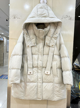 25803 欧洲站冬装2025款大飘带可拆卸连帽休闲A字泡芙中长羽绒服