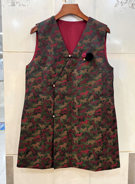 19903-HLS26 不规则斜门禁盘扣V领复古马提花小个中长马甲罩衫春