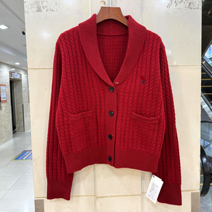 冬装 高级感刺绣标青果领四粒扣麻花纹羊毛羊绒毛衣开衫 女 922 513
