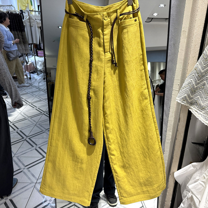 8822 欧洲站春季新款2026舒适编织腰带天丝亚麻大版阔腿休闲裤女