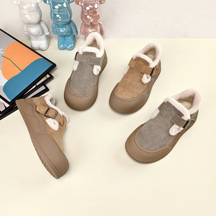 时尚厚底雪地鞋女2025新款冬季加绒加厚毛毛鞋防滑平底真皮勃肯鞋