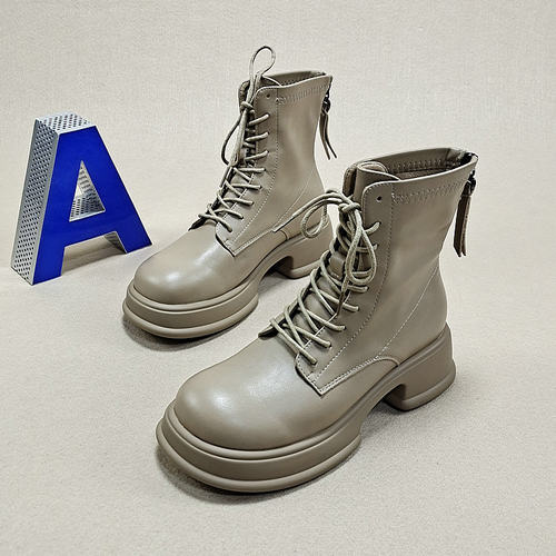 秋季2025新款厚底轻便系带时尚短靴女松糕底后拉链圆头百搭马丁靴