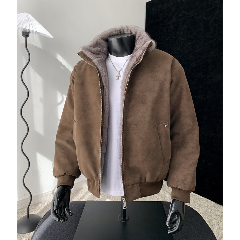 美式复古座山雕PU皮衣棉衣男外套冬季貂毛立领加厚保暖棉服皮夹克