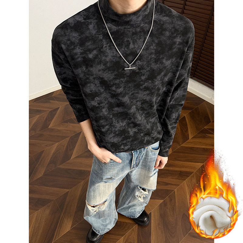 美式冬季加绒加厚德绒长袖T恤男保暖半高领扎染插肩袖内搭打底衫