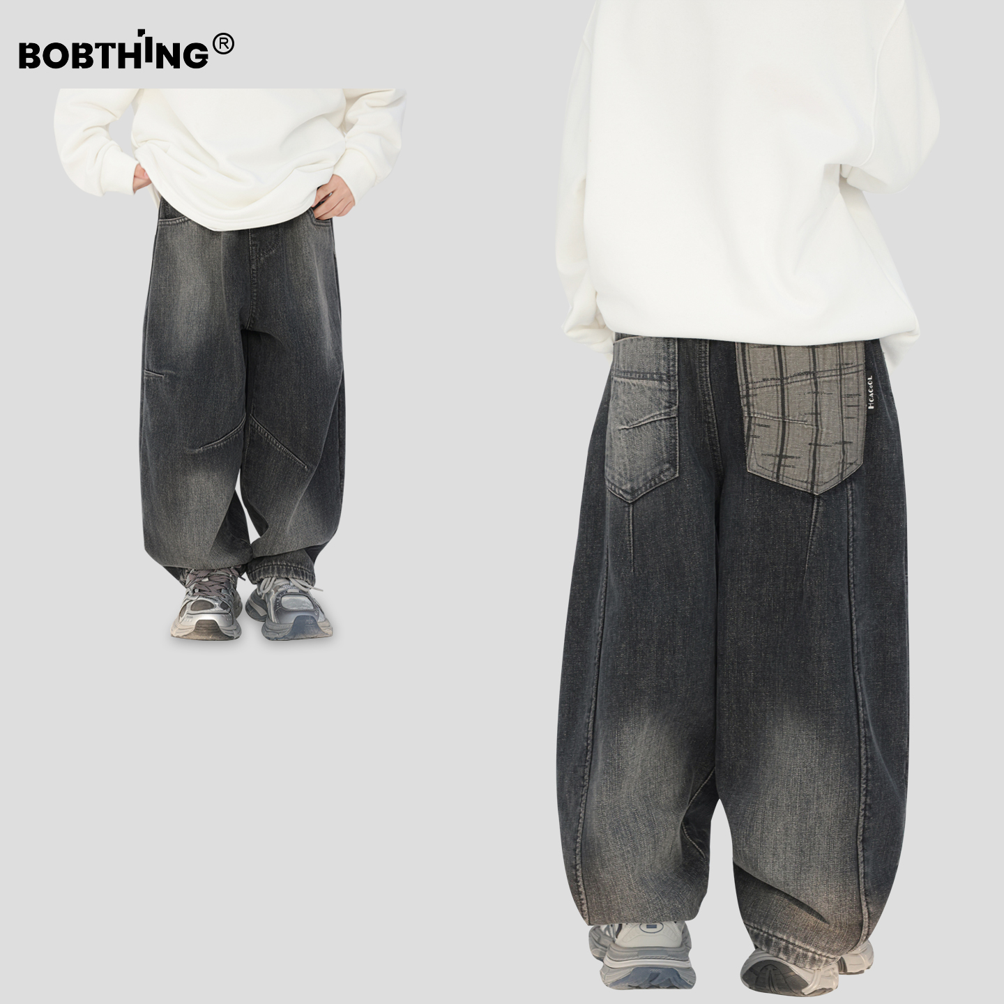 PP个性口袋男童冬季水洗黑色牛仔裤一体绒长裤儿童加绒加厚裤子潮