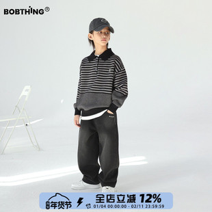 男童冬装粗细条纹拼接翻领毛衣帅气上衣儿童加厚毛线打底衫潮童装