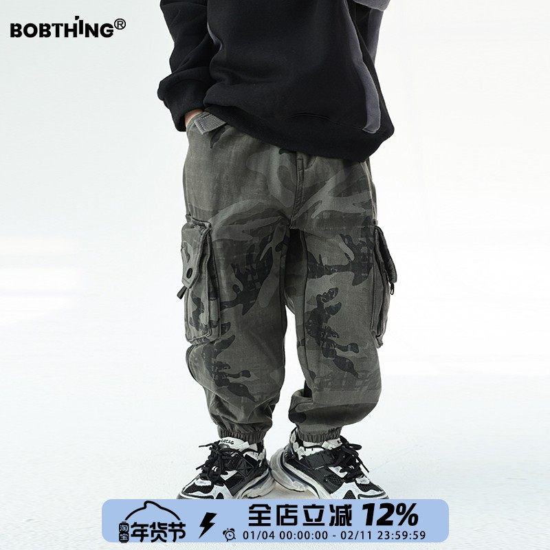 男童个性口袋一体绒迷彩裤儿童冬季加绒加厚工装裤潮童装休闲裤子