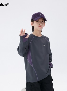 男童冬装紫色明线抓绒T恤长袖上衣2025新款儿童加厚打底衫童装潮