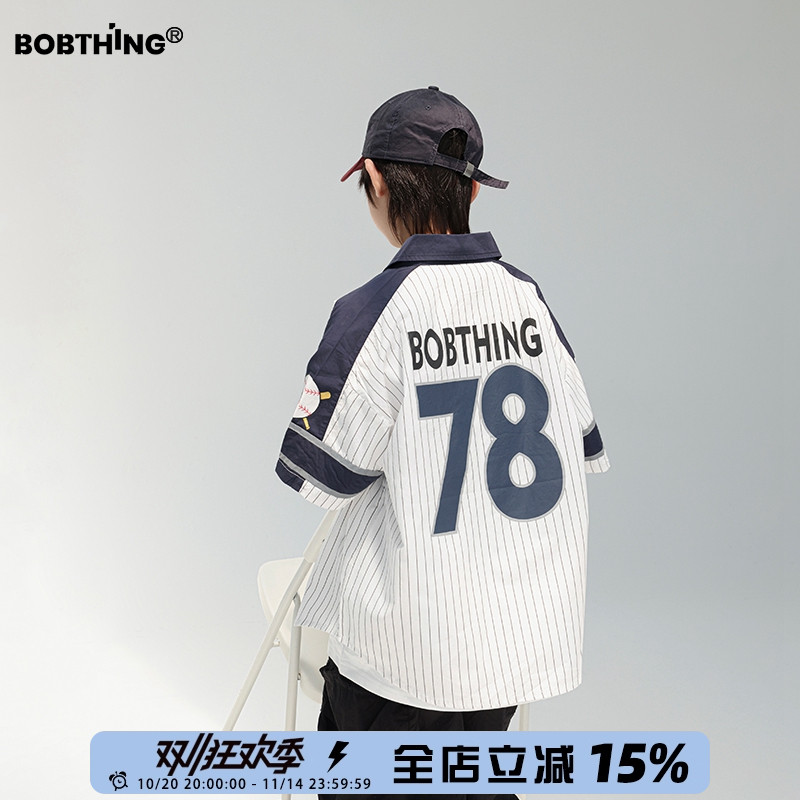 男童夏装2025新款儿童装撞色竖条短袖棒球衬衫中大童半袖轻薄衬衣