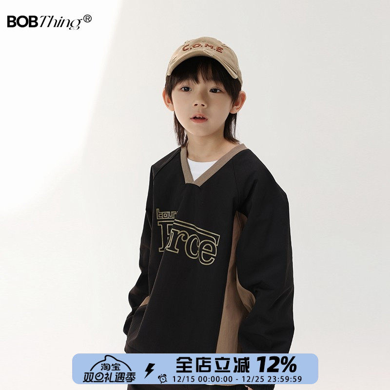 男童V领拼色套头衫内里加厚外套儿童秋冬加绒卫衣中大童装上衣