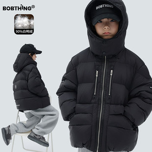 男童银色拉链酷黑羽绒服加厚连帽外套儿童冬季90白鸭绒面包服童装
