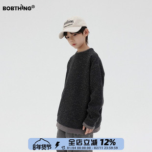 男童雪花点假两件抓绒毛衣冬季加厚打底线衫儿童潮牌圆领卫衣童装