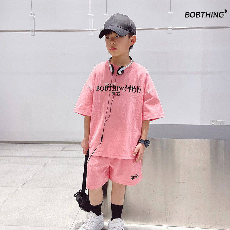 儿童夏季华夫格短袖中裤2件运动套装男童粉T恤潮半袖童装五分裤子