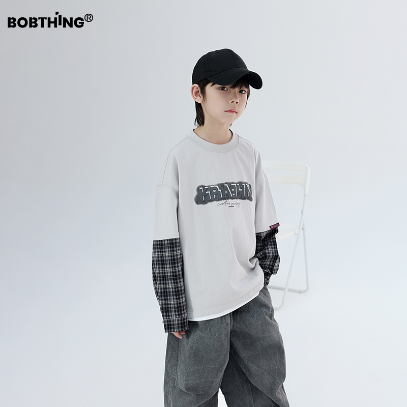 男童春秋装2025新款儿童格子袖假两件针织长袖薄卫衣中大童打底衫