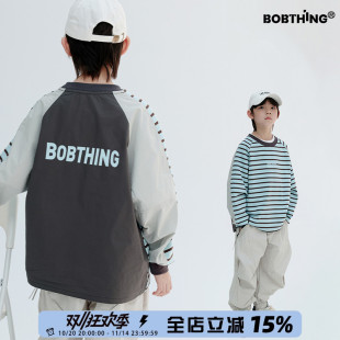 2025新款 T恤衫 儿童装 条纹插肩长袖 中大童卫衣 AB面个性 男童春秋装