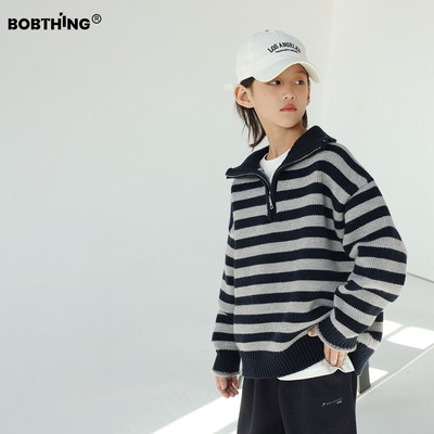 男童冬装半拉链条纹套头毛衣打底