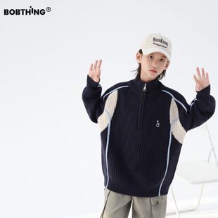 男童冬装蓝白撞色半拉链小立领毛衣儿童加厚套头打底衫童装线衫潮