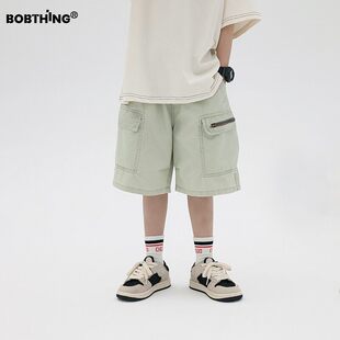 男童夏季水洗浅绿色工装中裤棉布短裤儿童宽松休闲裤童装五分裤子