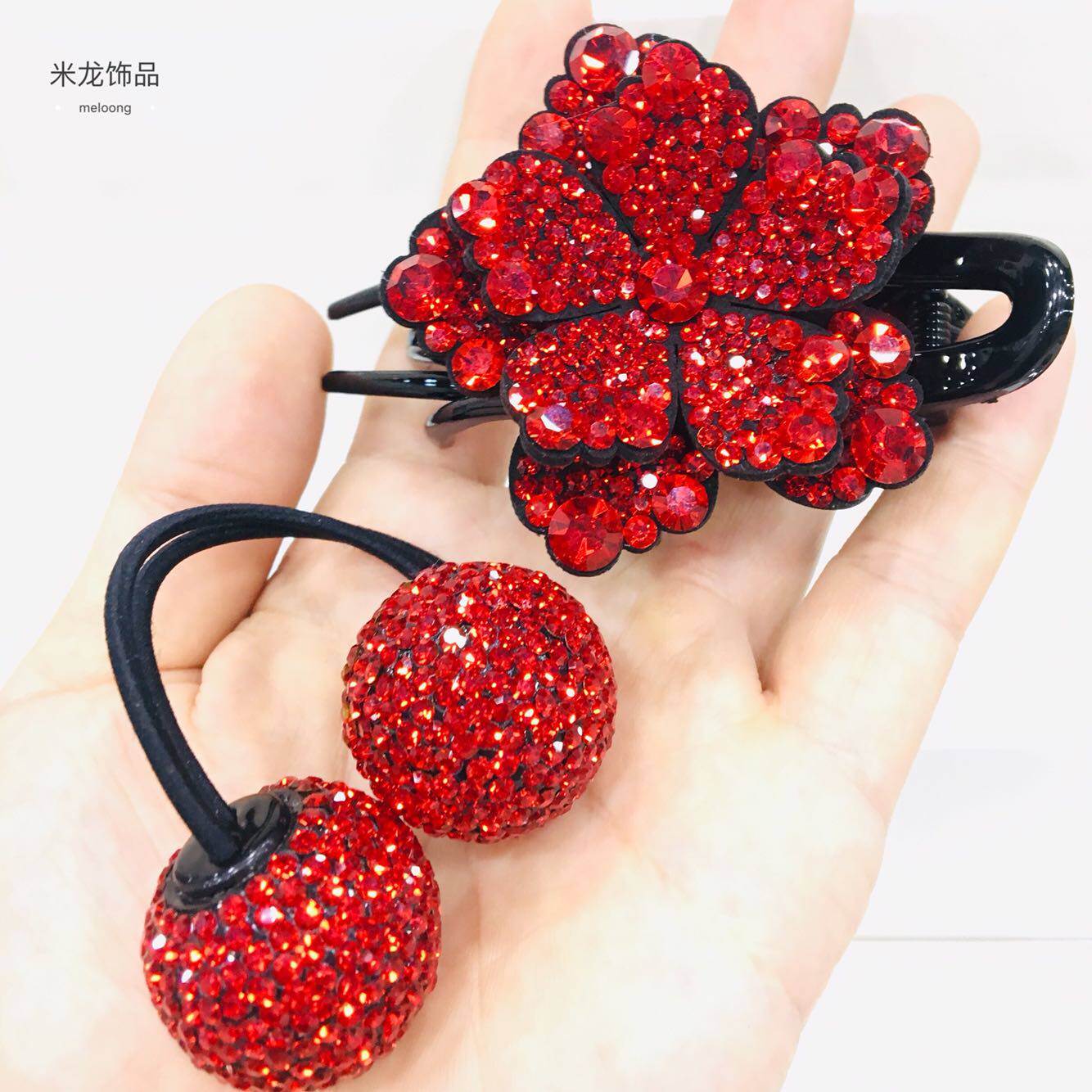 网红色韩版立体花朵头饰发卡发夹钢夹弹簧夹橡皮筋扎马尾发绳发球