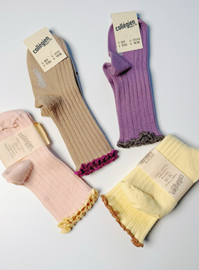 现货法国collegien  女童经典生菜叶卷边坑条短袜 百搭短袜