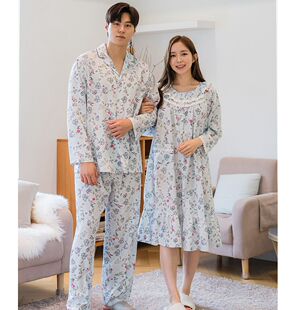 韩国进口carina正品 春秋款柔软滑溜碎花男女长袖睡衣/家居服睡裙