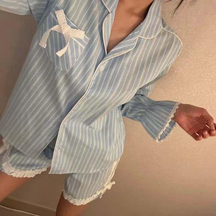 韩国进口lunaluz正品25夏季竖条纹翻领长袖短款女睡衣/家居服套装