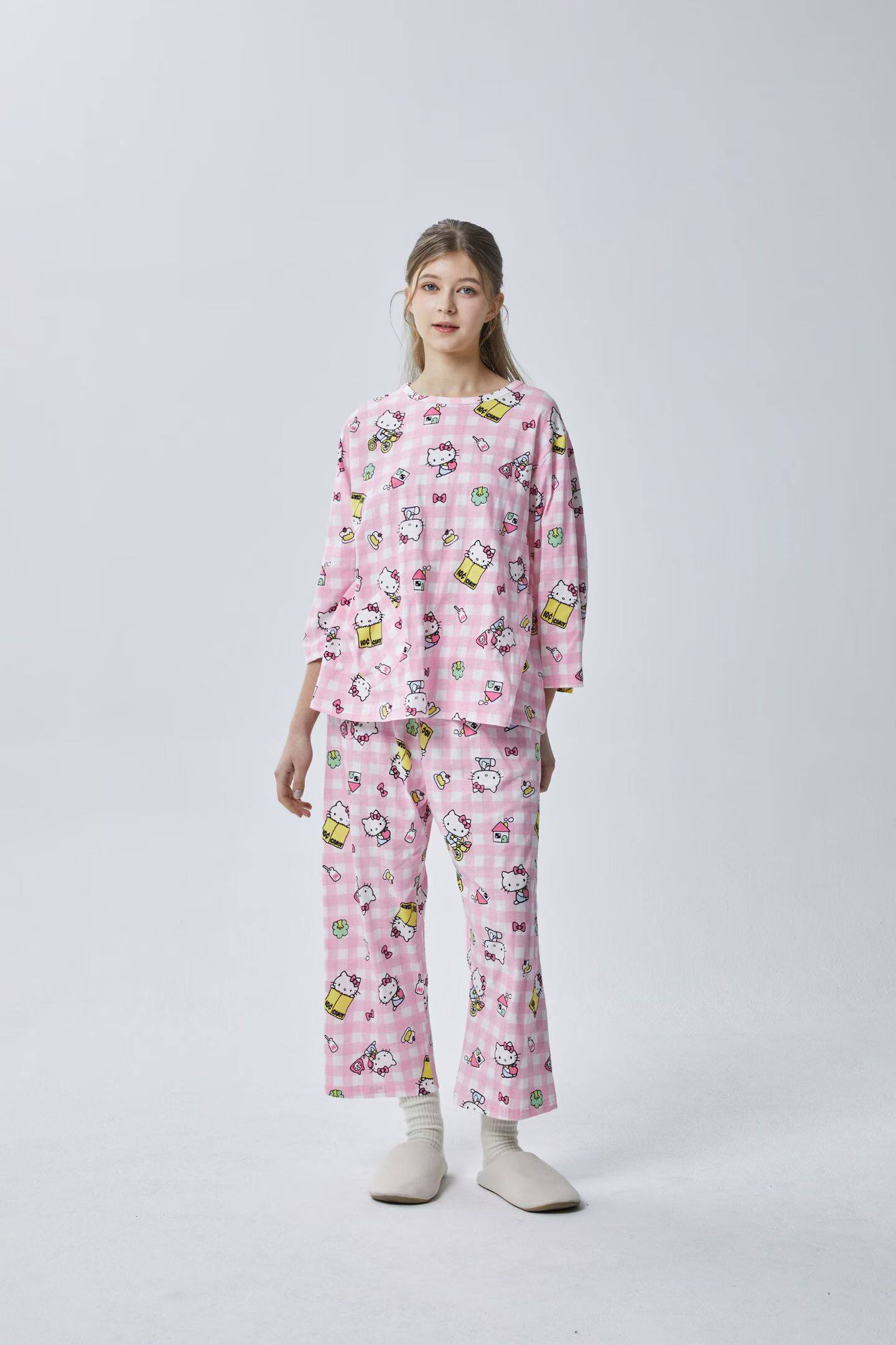 韩国进口Hello Kitty正品26夏季猫宽松圆筒形纯棉睡衣/家居服套装