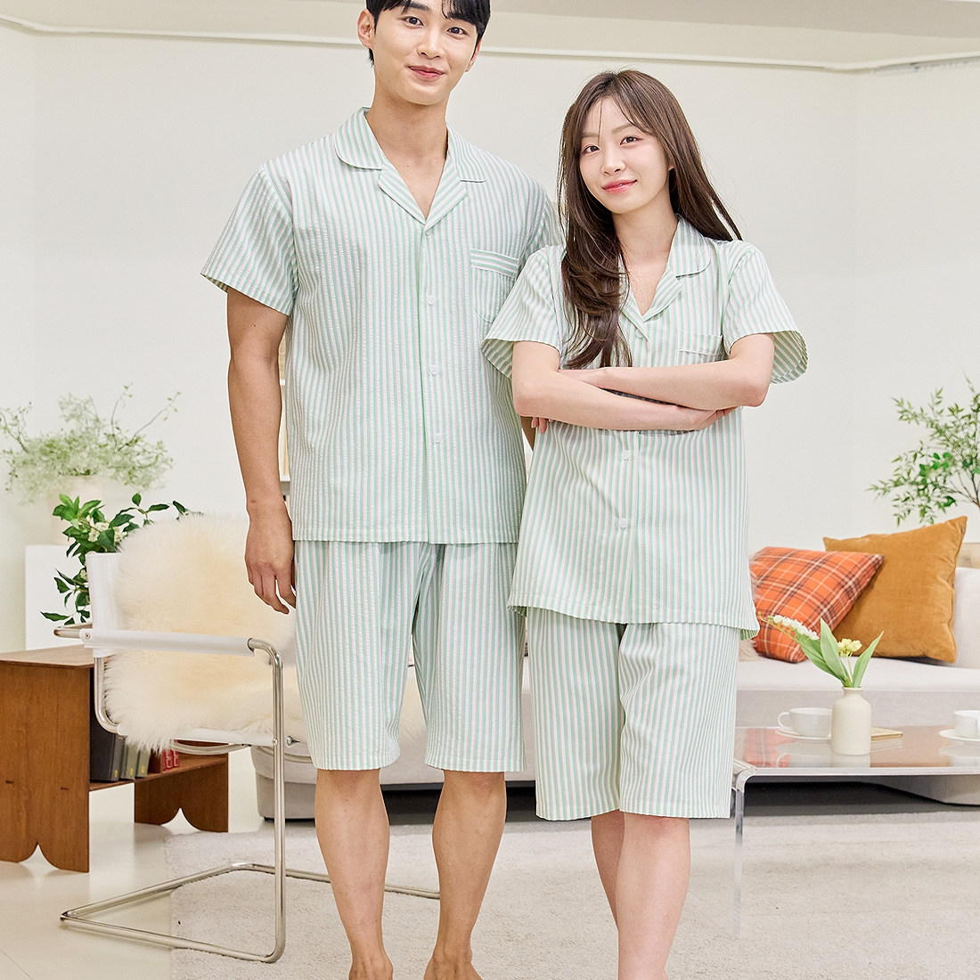 韩国进口正品25夏季carina 翻领条纹混纺男女短袖睡衣家居服套装