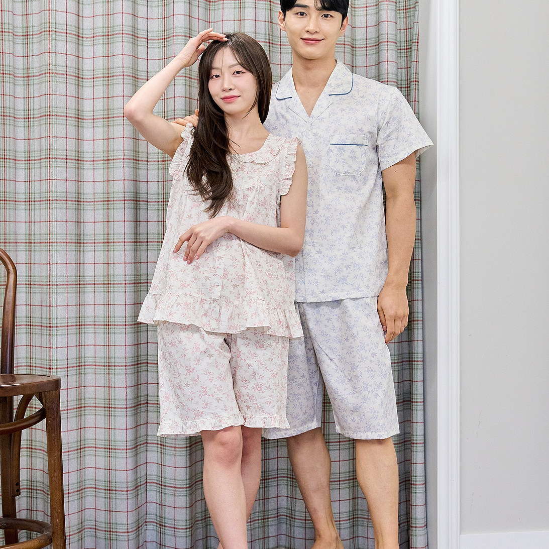 韩国进口正品25夏季carina小碎花清新纯棉男女无袖睡衣家居服套装