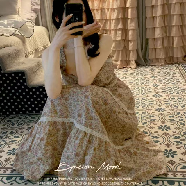 韩国进口lunaluz正品25夏季新小碎花吊带棉性感女睡衣/睡裙家居服
