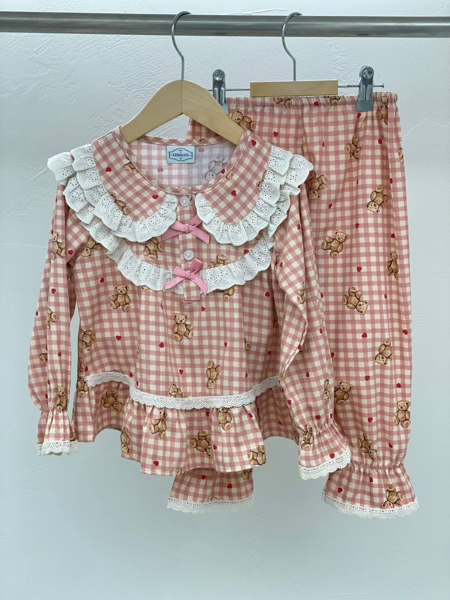 韩国进口童装lunaluz25春秋新款纯棉小熊女童长袖家居服/睡衣套装