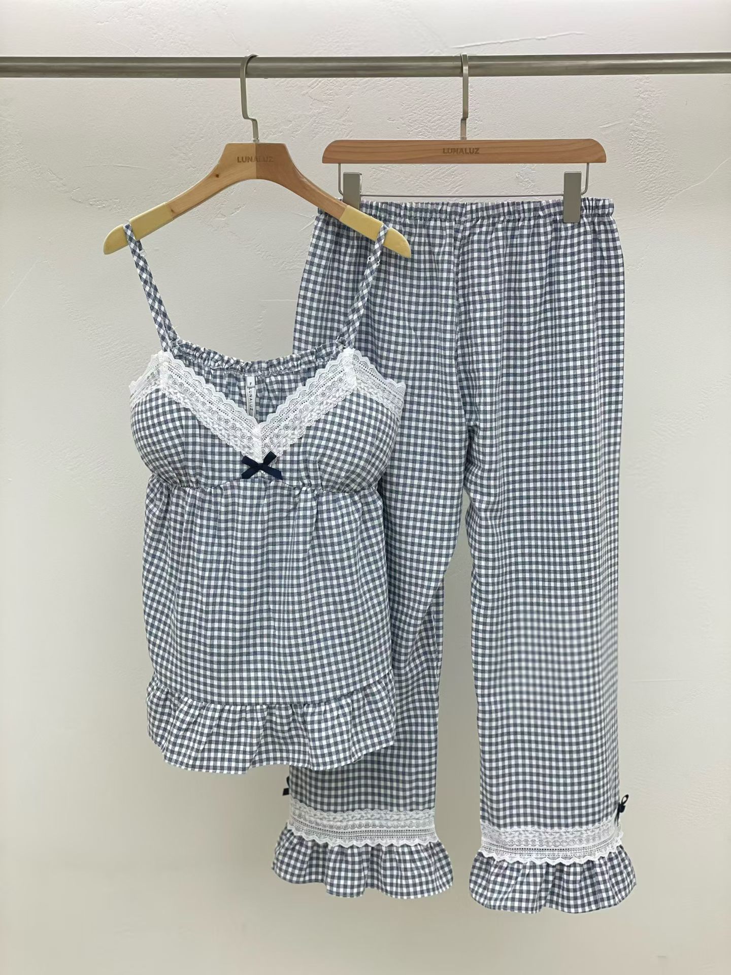 韩国进口lunaluz正品26夏季纯棉格子吊带垫胸女士睡衣/家居服套装