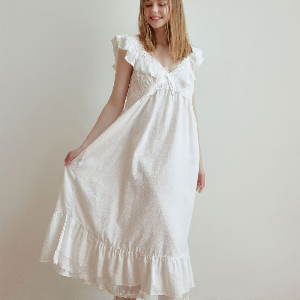 韩国进口lunaluz正品 2024夏季新V领刺绣无袖女士睡衣/睡裙家居服