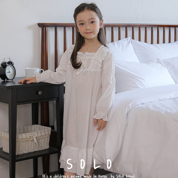 韩国进口solo品牌 2024秋季新品纯棉净白仙女女童长袖睡裙/家居服