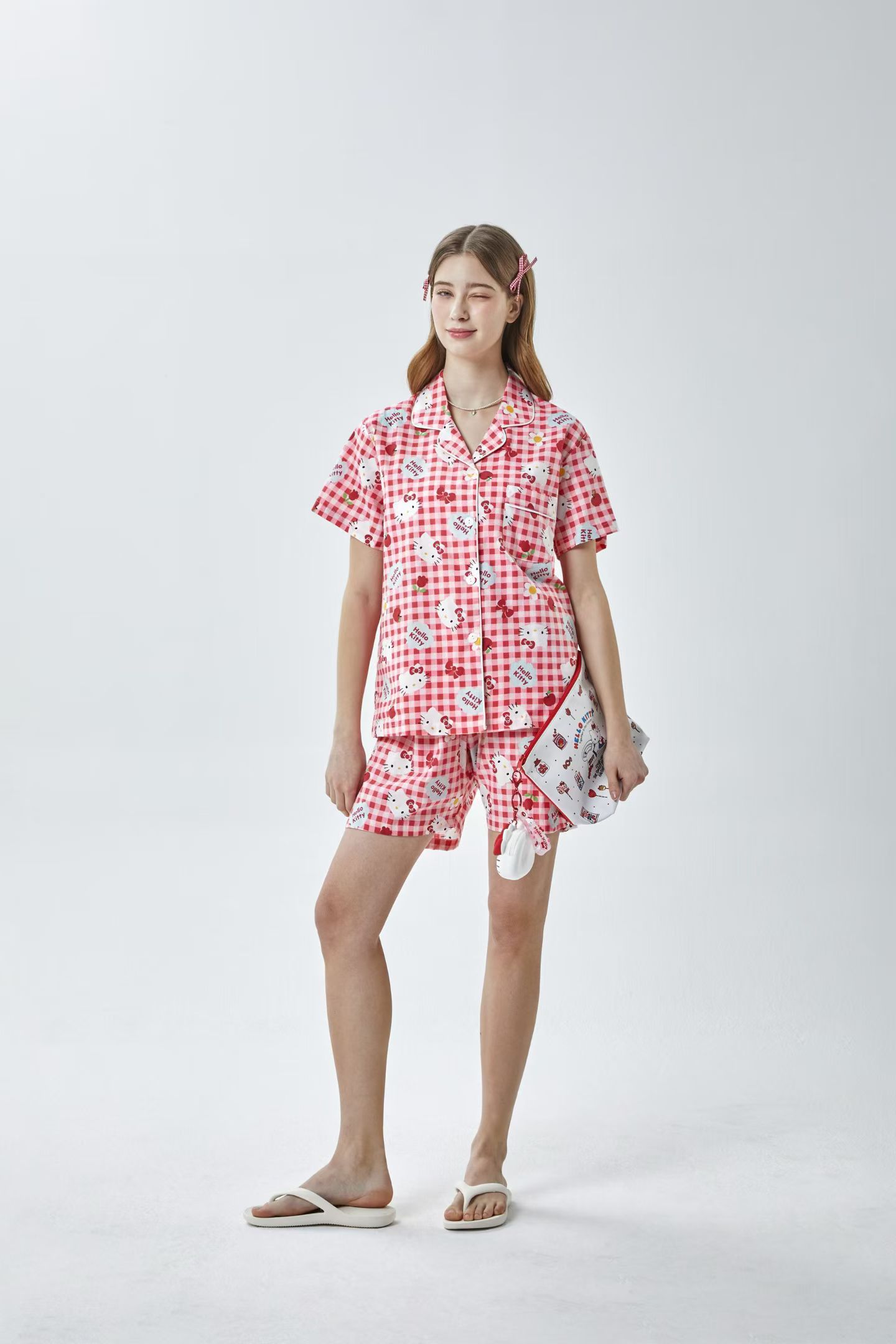 韩国进口Hello Kitty26夏季短袖翻领猫咪格子纯棉睡衣/家居服套装