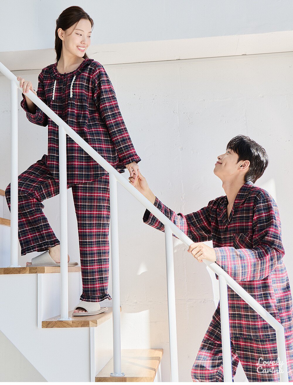 韩国进口carina正品26秋冬季磨毛棉格子男女长袖睡衣/家居服套装