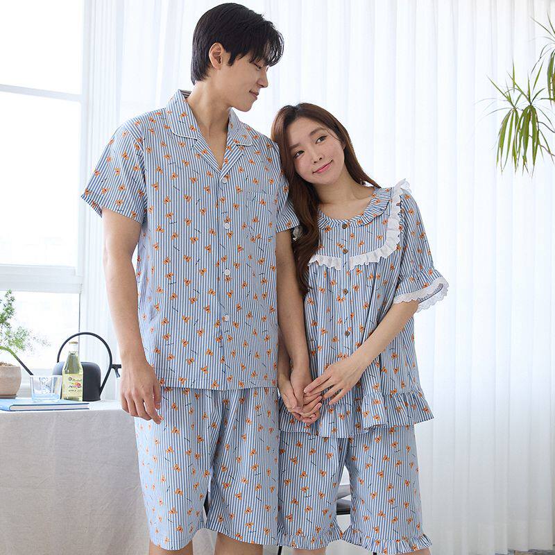 韩国进口正品24夏季carina蓝条纹小熊纯棉男女短袖睡衣家居服套装