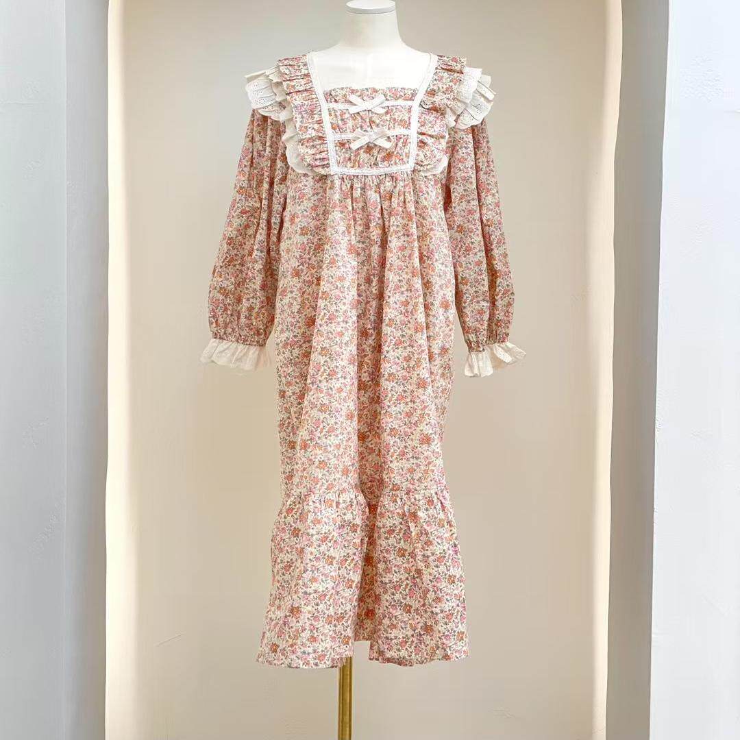 韩国进口lunaluz正品春秋纯棉碎花蕾丝宽松减龄女睡衣/睡裙家居服
