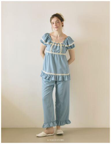 韩国进口lunaluz正品26夏季短袖聚酯丝滑甜美女士睡衣/家居服套装