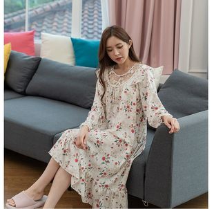 韩国进口carina正品 春秋柔软滑溜漂亮碎花女长袖睡衣/家居服睡裙